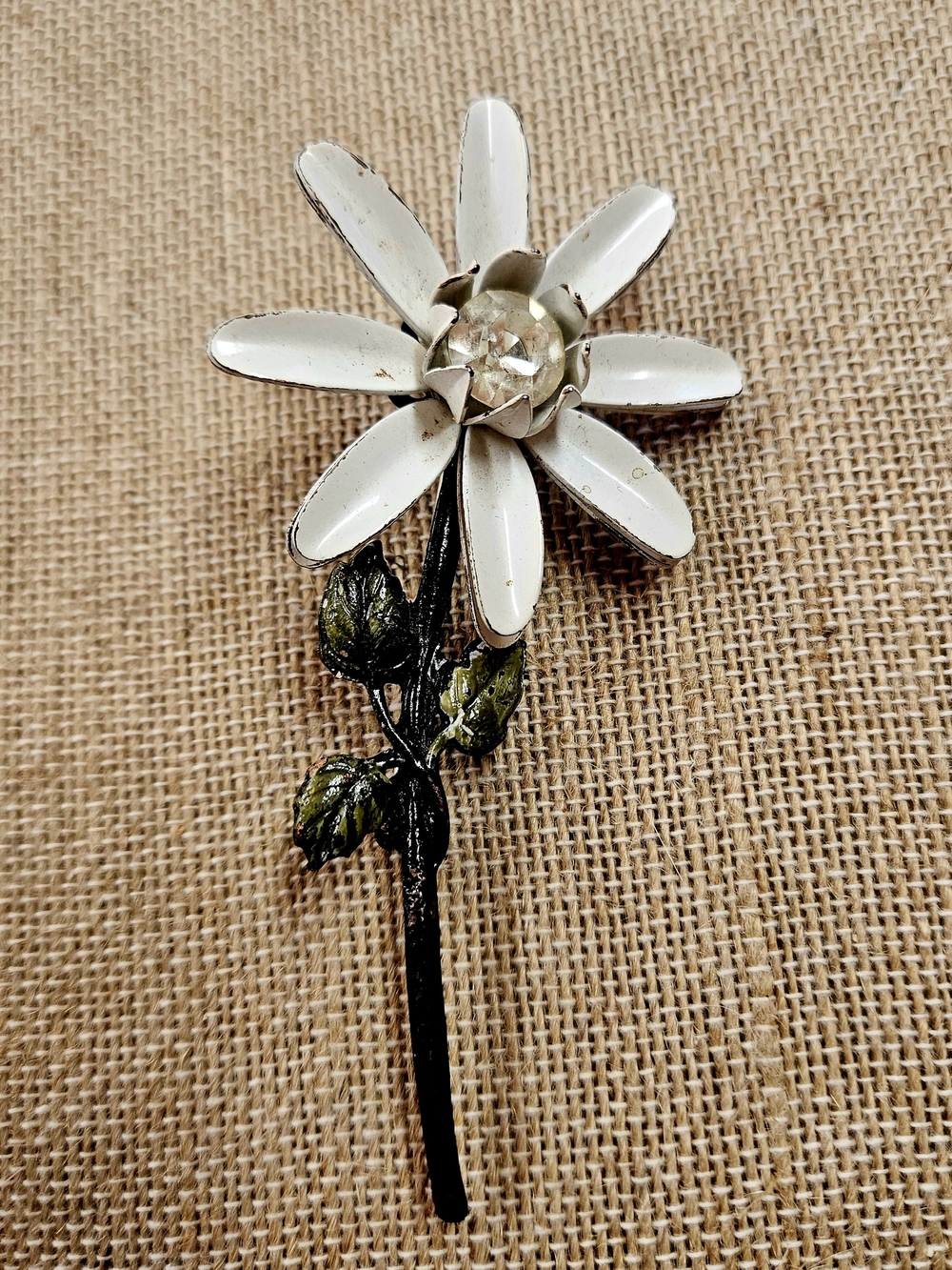 Coro Brooch White Black Aster 4" Rhinestone Center 1940 Rare Vtg